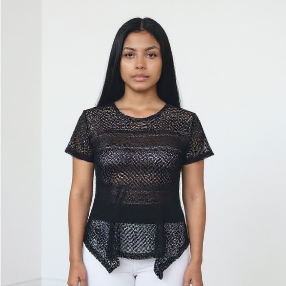 BCBGMaxAzria Black Sheer Knit Short-Sleeve Top
